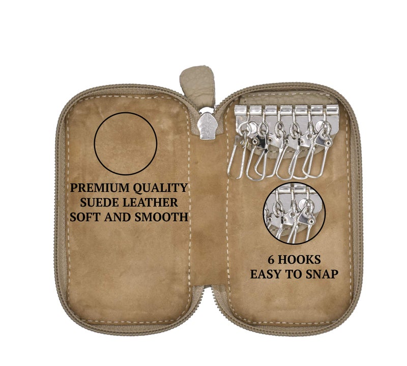 Adamis Full Grain Genuine Leather Keychain Holder Pouch, Key Case, Soft Strong and Compact Organizer and Wallet with Zip Closure for Extra Safety and 6 Key Holder Hooks in Black - Image 2